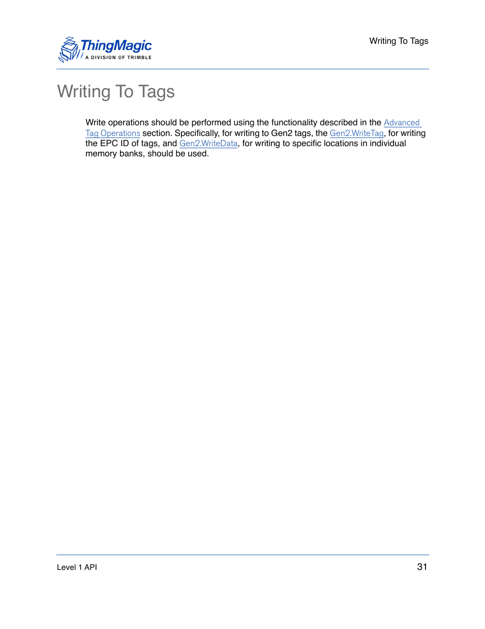 Writing to tags | ThingMagic Mercury API v1.23.0 User Manual | Page 31 / 128