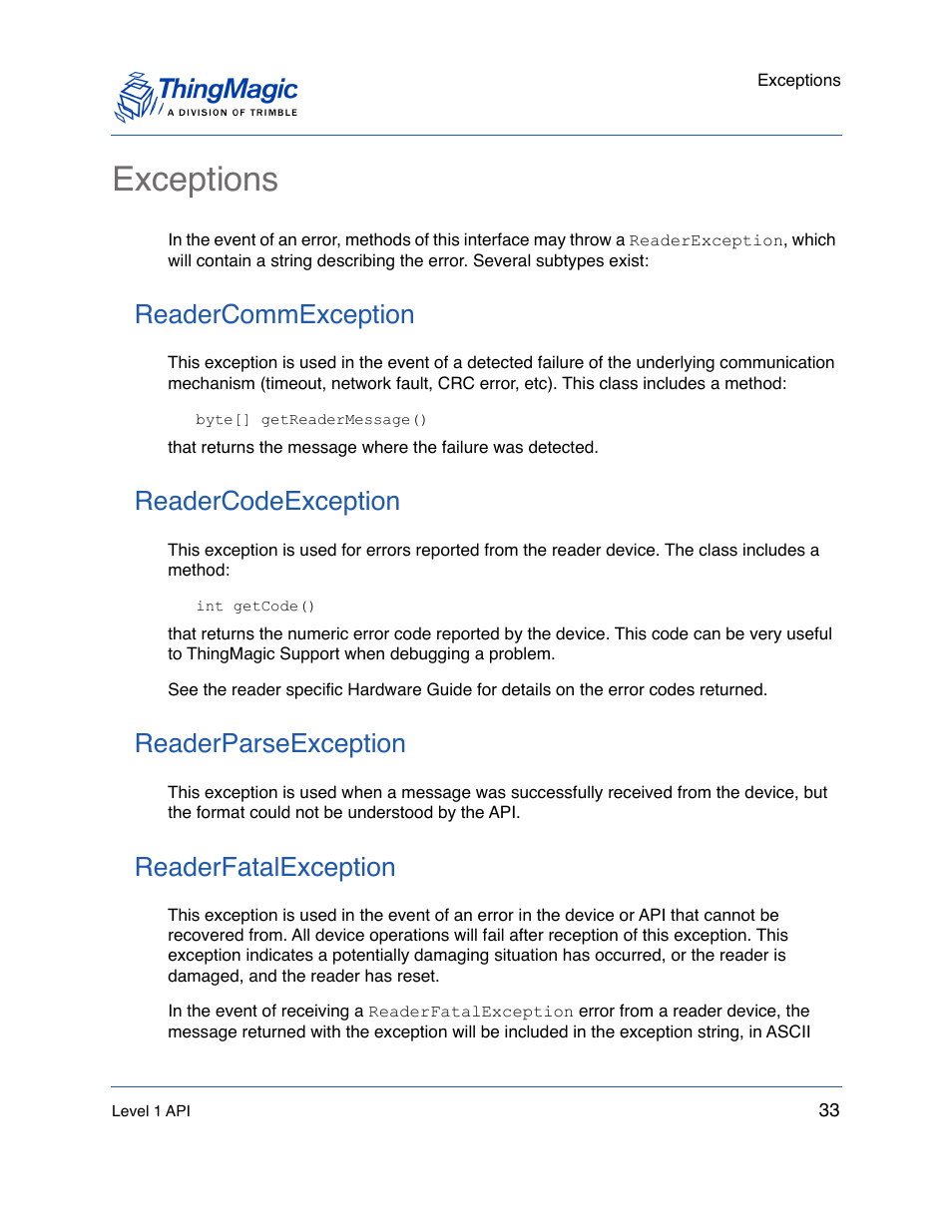 Exceptions, Readercommexception, Readercodeexception | Readerparseexception, Readerfatalexception | ThingMagic Mercury API v1.23.0 User Manual | Page 33 / 128