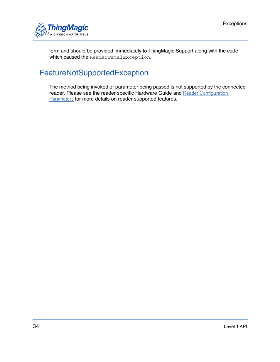 Featurenotsupportedexception | ThingMagic Mercury API v1.23.0 User Manual | Page 34 / 128