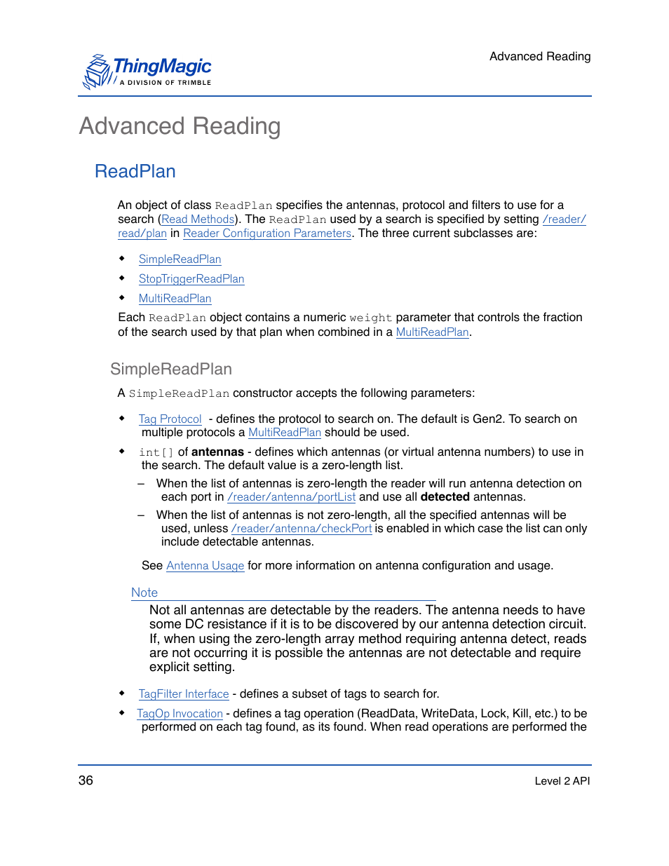 Advanced reading, Readplan, Simplereadplan | Simplereadplan 36, These are controlled by the, Object assigned to the | ThingMagic Mercury API v1.23.0 User Manual | Page 36 / 128