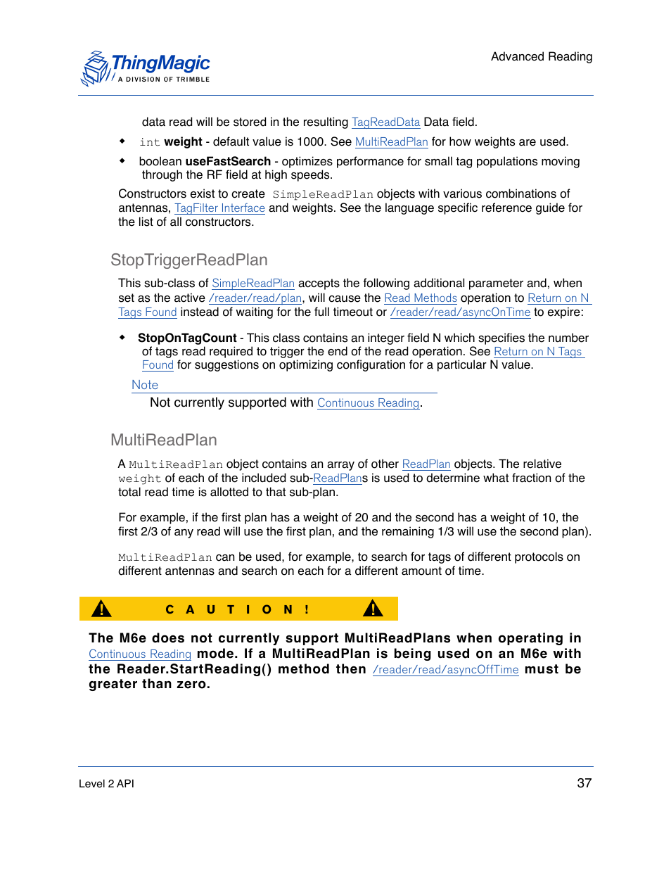 Stoptriggerreadplan, Multireadplan, Stoptriggerreadplan 37 multireadplan 37 | With the desired number of, Of the search used by that plan when combined in a, Multiple protocols a | ThingMagic Mercury API v1.23.0 User Manual | Page 37 / 128