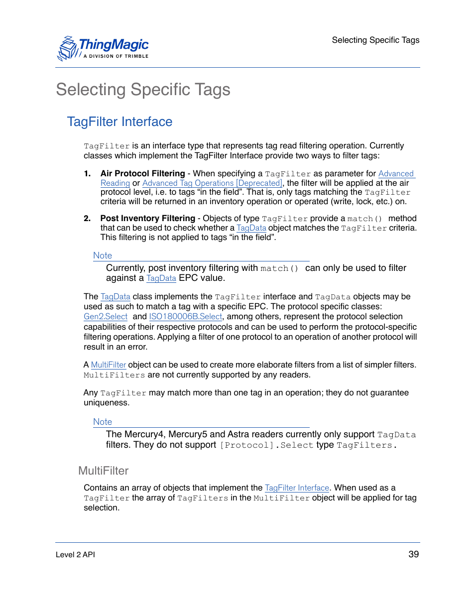 Selecting specific tags, Tagfilter interface, Multifilter | Multifilter 39, Defines a subset of tags to search for, Antennas | ThingMagic Mercury API v1.23.0 User Manual | Page 39 / 128