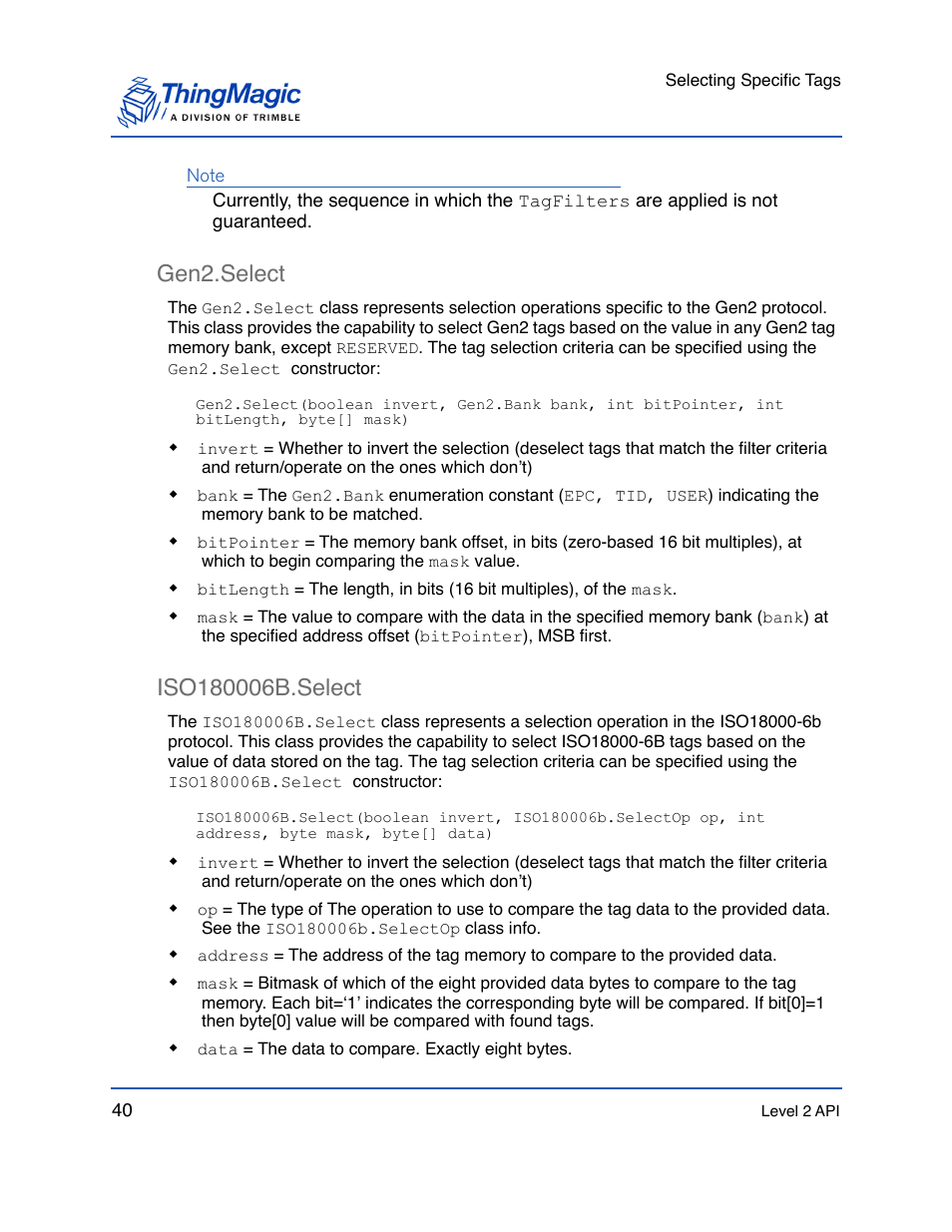 Gen2.select, Iso180006b.select, Gen2.select 40 iso180006b.select 40 | ThingMagic Mercury API v1.23.0 User Manual | Page 40 / 128