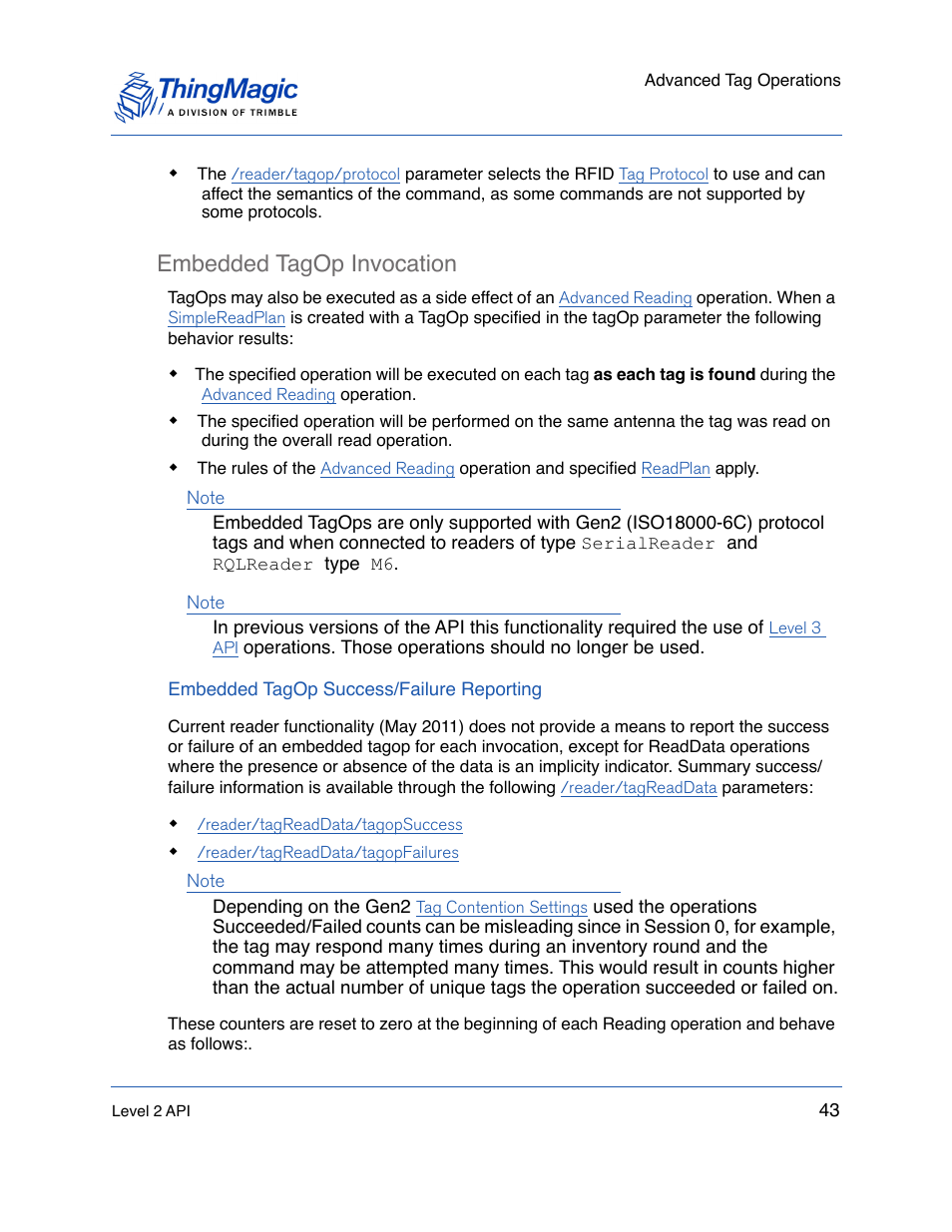 Embedded tagop invocation, Embedded tagop success/failure reporting, Embedded tagop invocation 43 | In order to perform an operation on every tag | ThingMagic Mercury API v1.23.0 User Manual | Page 43 / 128