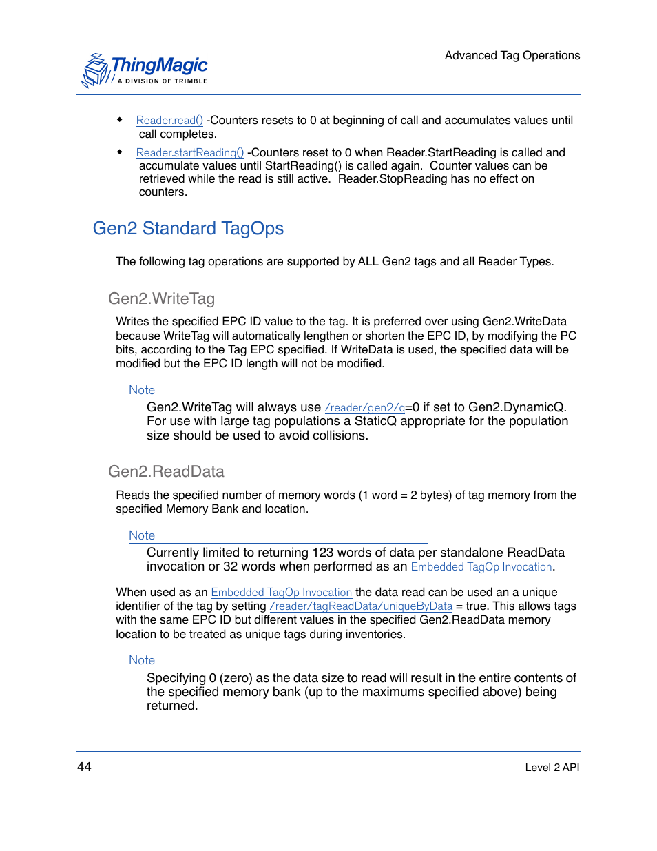 Gen2 standard tagops, Gen2.writetag, Gen2.readdata | Gen2.writetag 44 gen2.readdata 44, For writing to gen2 tags, the | ThingMagic Mercury API v1.23.0 User Manual | Page 44 / 128