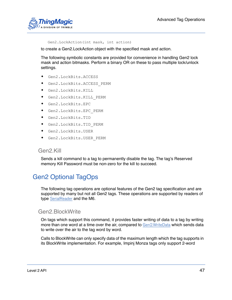 Gen2.kill, Gen2 optional tagops, Gen2.blockwrite | Gen2.kill 47, Gen2.blockwrite 47 | ThingMagic Mercury API v1.23.0 User Manual | Page 47 / 128
