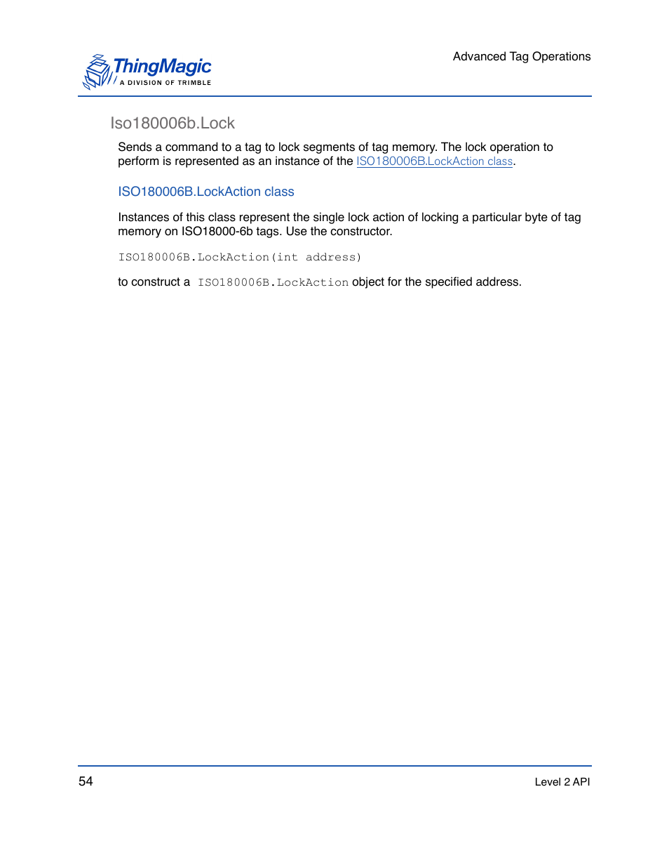 Iso180006b.lock, Iso180006b.lockaction class, Iso180006b.lock 54 | ThingMagic Mercury API v1.23.0 User Manual | Page 54 / 128