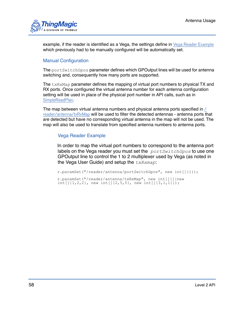 Manual configuration, Vega reader example | ThingMagic Mercury API v1.23.0 User Manual | Page 58 / 128