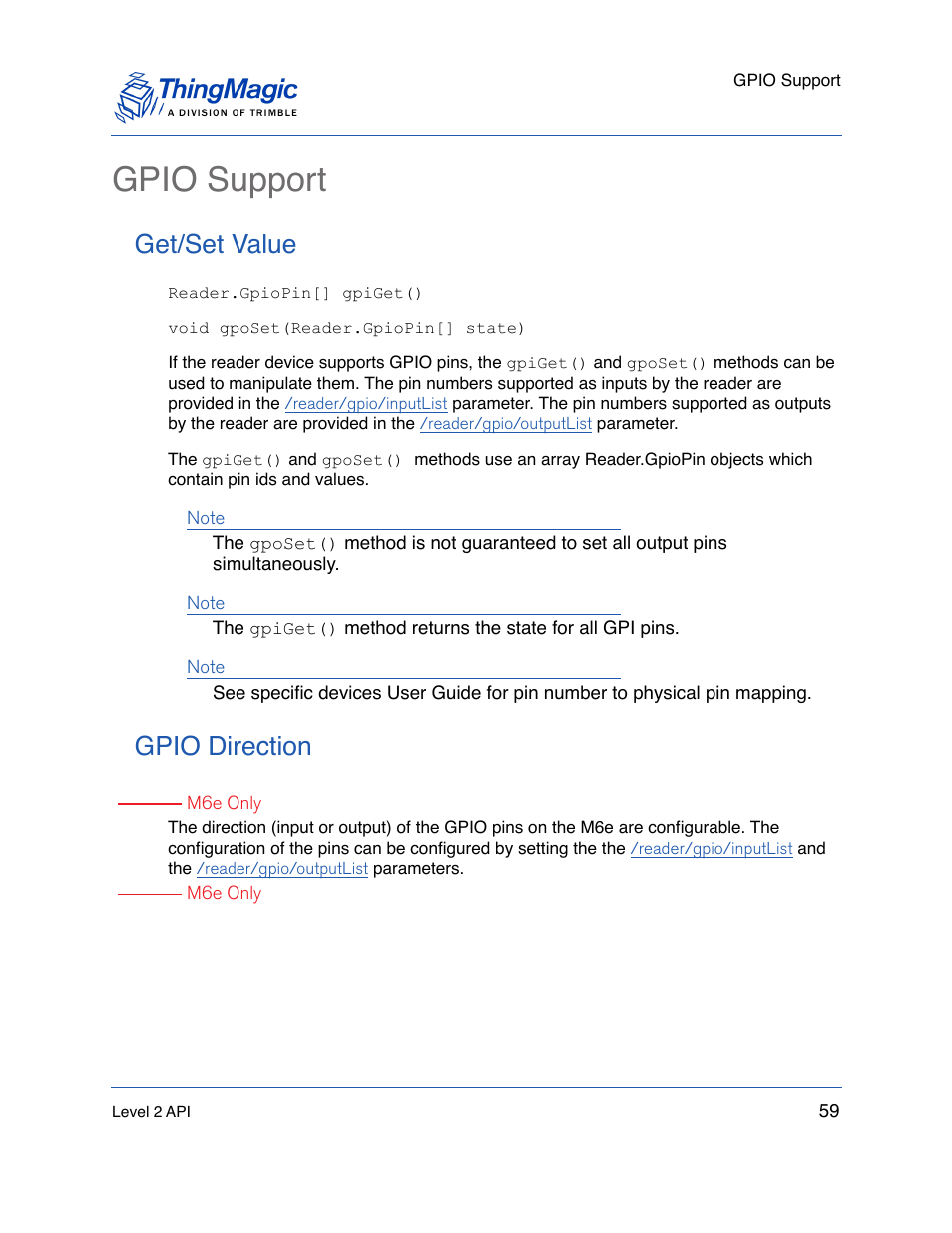 Gpio support, Get/set value, Gpio direction | Get/set value gpio direction | ThingMagic Mercury API v1.23.0 User Manual | Page 59 / 128