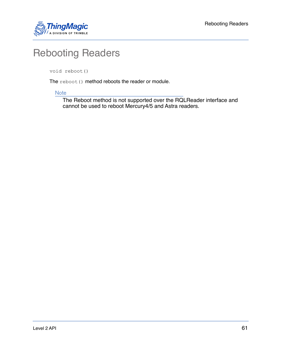 Rebooting readers, Our m6e must be, Installed for multiple protocols in order | ThingMagic Mercury API v1.23.0 User Manual | Page 61 / 128