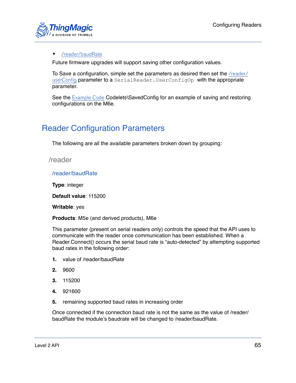 Reader configuration parameters, Reader, Reader/baudrate | Reader 65, Configuration parameters, This can avoid attempts using the wrong baud, Reader configuration, Parameters, Under, Parameters can be found in the | ThingMagic Mercury API v1.23.0 User Manual | Page 65 / 128