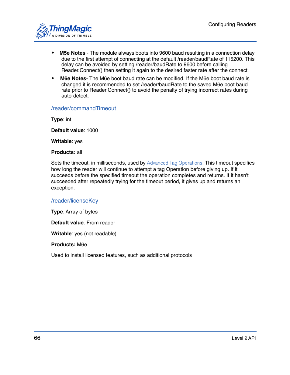 Reader/commandtimeout, Reader/licensekey, Reader | Commandtimeout | ThingMagic Mercury API v1.23.0 User Manual | Page 66 / 128