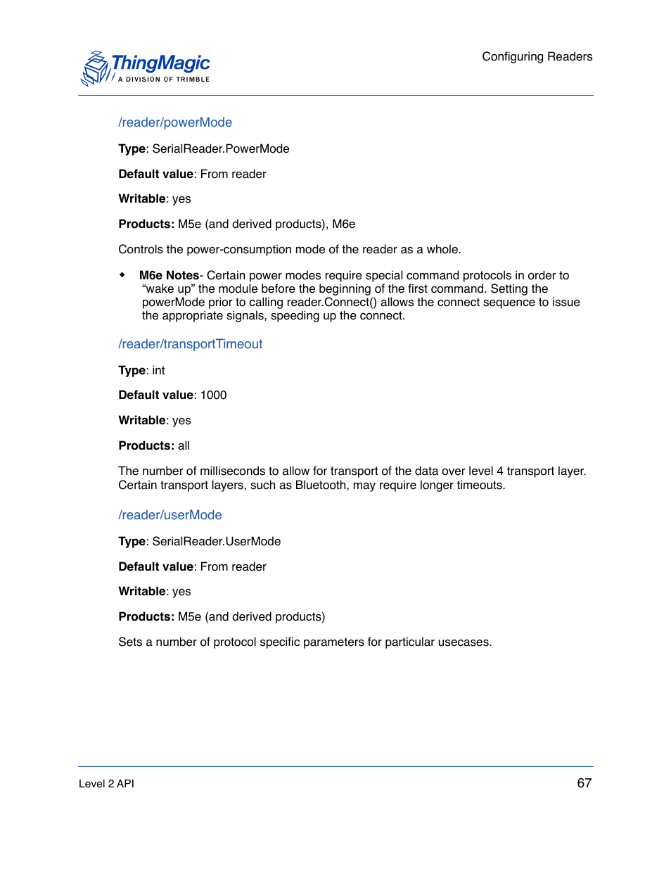 Reader/powermode, Reader/transporttimeout, Reader/usermode | ThingMagic Mercury API v1.23.0 User Manual | Page 67 / 128