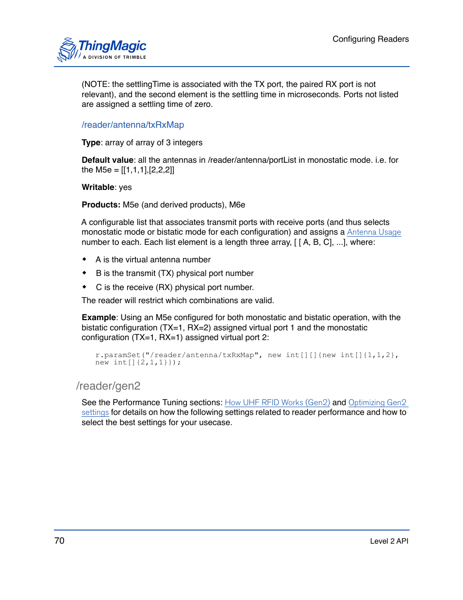 Reader/antenna/txrxmap, Reader/gen2, Reader/gen2 70 | Operation on m5e-family products is done using the | ThingMagic Mercury API v1.23.0 User Manual | Page 70 / 128