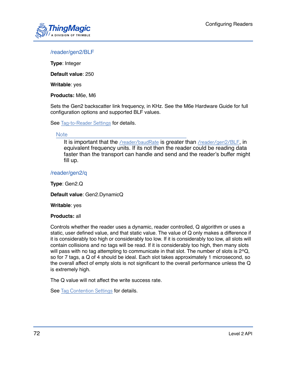 Reader/gen2/blf, Reader/gen2/q | ThingMagic Mercury API v1.23.0 User Manual | Page 72 / 128