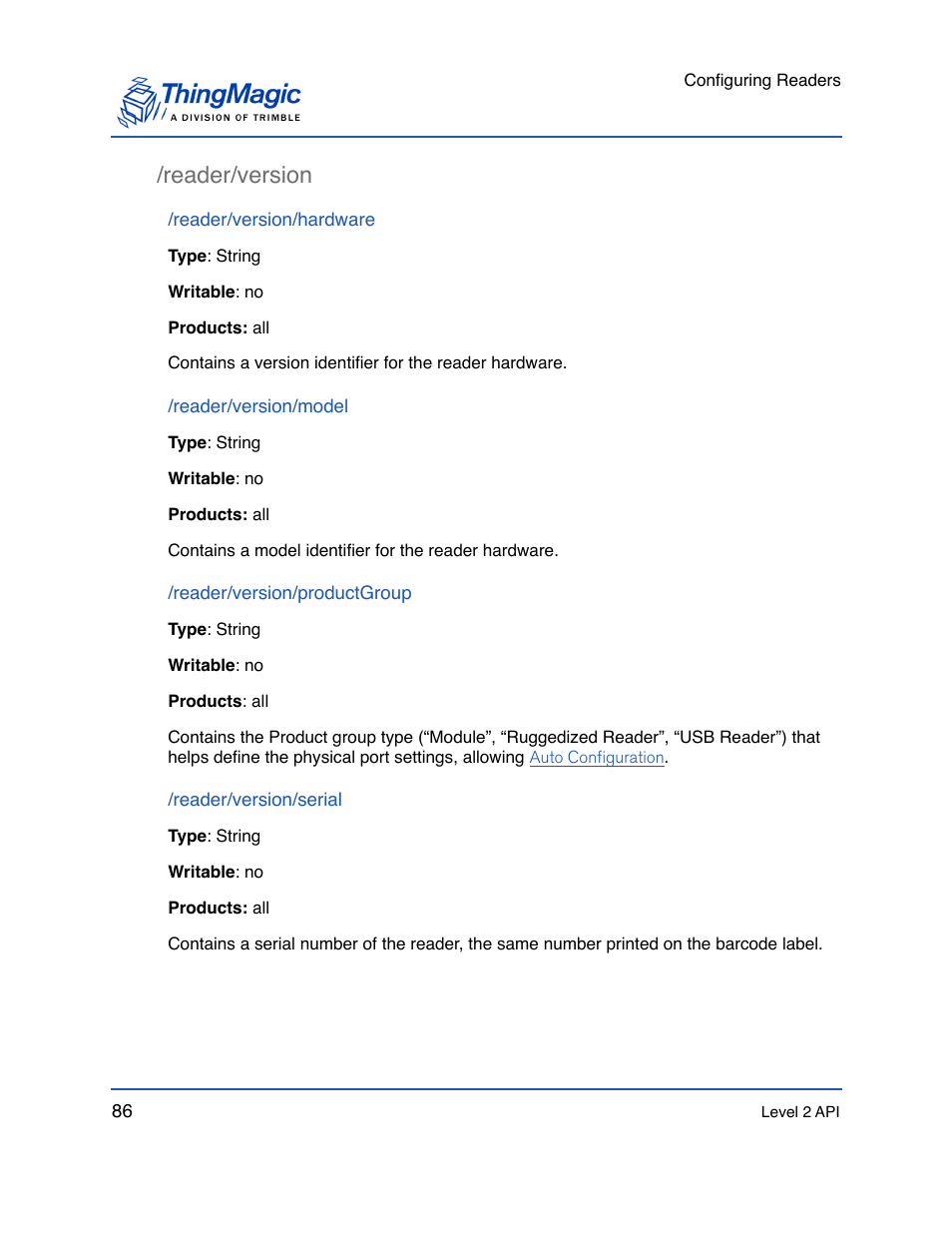 Reader/version, Reader/version/hardware, Reader/version/model | Reader/version/productgroup, Reader/version/serial, Reader/version 86 | ThingMagic Mercury API v1.23.0 User Manual | Page 86 / 128