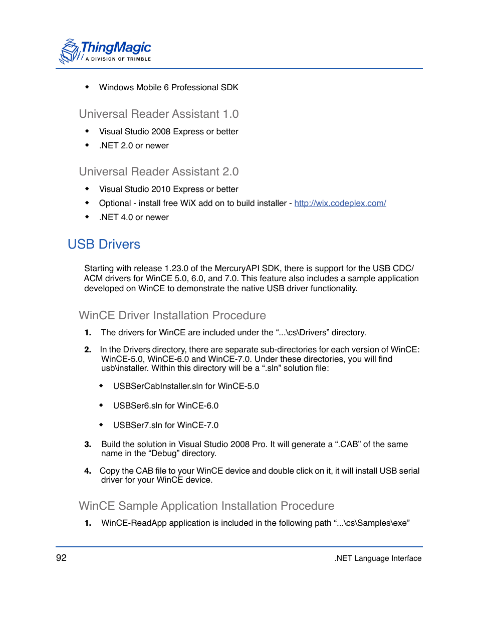 Universal reader assistant 1.0, Universal reader assistant 2.0, Usb drivers | Wince driver installation procedure, Wince sample application installation procedure, Universal reader assistant 1.0 92, Universal reader assistant 2.0 92 | ThingMagic Mercury API v1.23.0 User Manual | Page 92 / 128