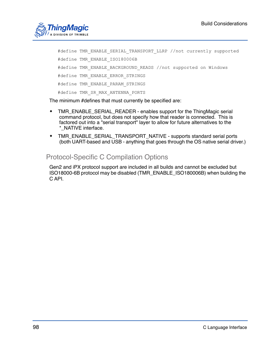 Protocol-specific c compilation options, Protocol-specific c compilation options 98 | ThingMagic Mercury API v1.23.0 User Manual | Page 98 / 128