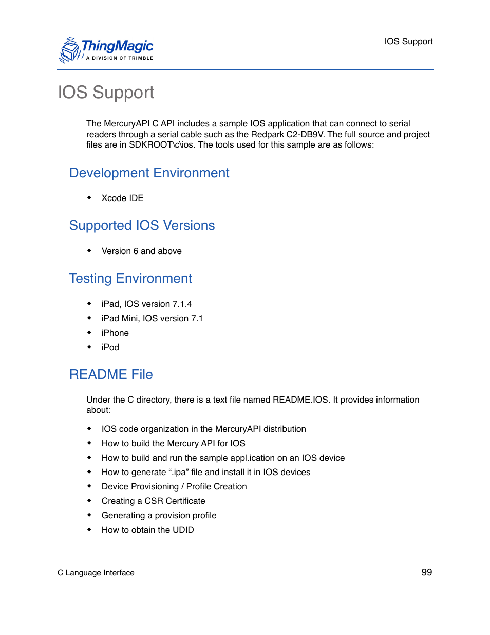 Ios support, Development environment, Supported ios versions | Testing environment, Readme file | ThingMagic Mercury API v1.23.0 User Manual | Page 99 / 128