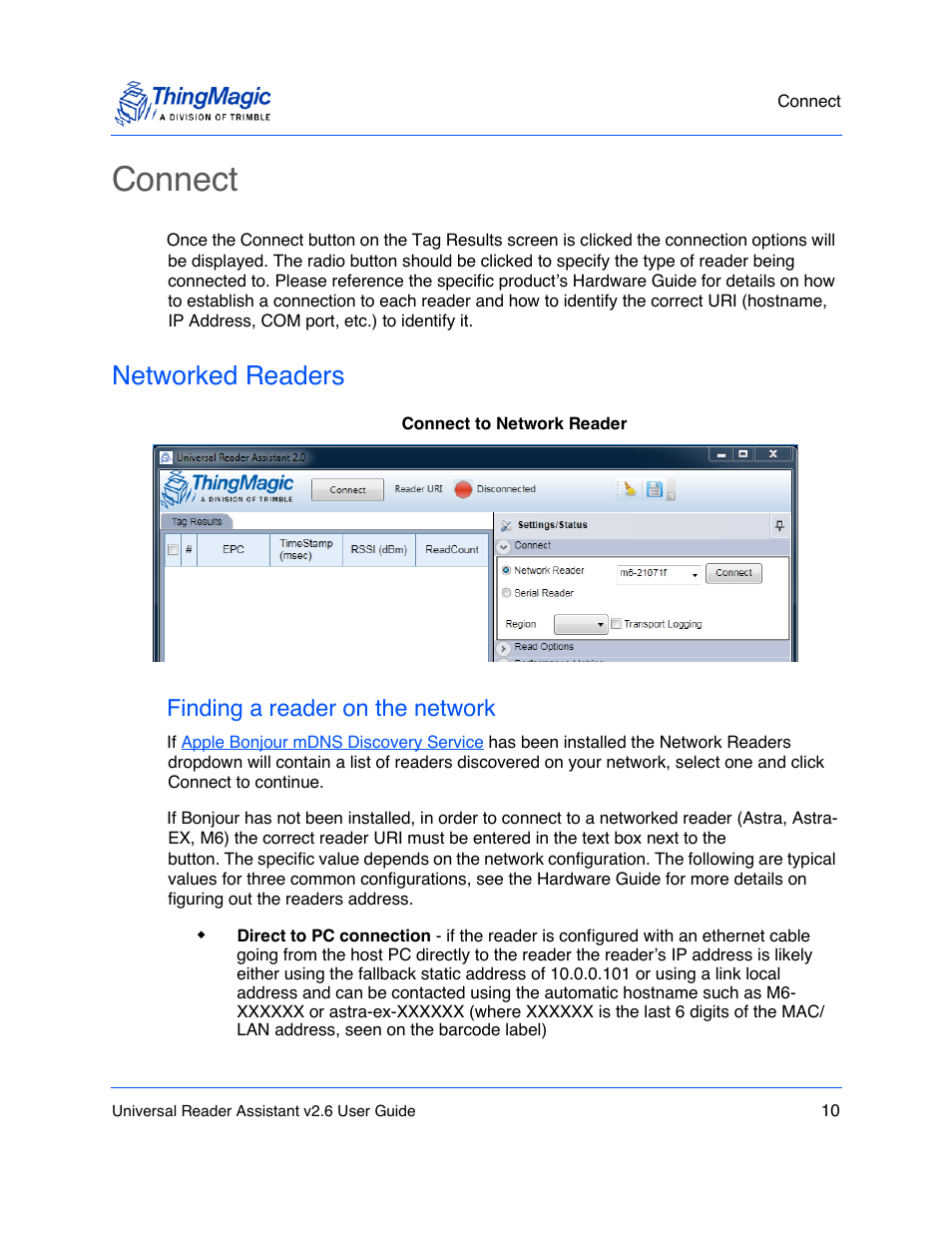 Connect, Networked readers, Finding a reader on the network | In o | ThingMagic Universal Reader Assistant 2.6 User Manual | Page 10 / 34