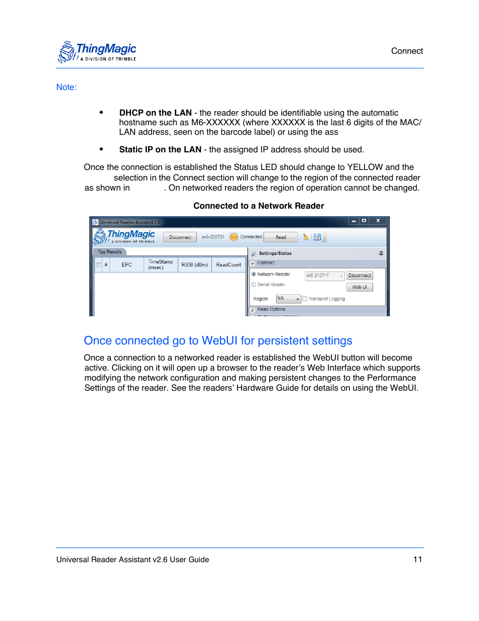 Once connected go to webui for persistent settings | ThingMagic Universal Reader Assistant 2.6 User Manual | Page 11 / 34