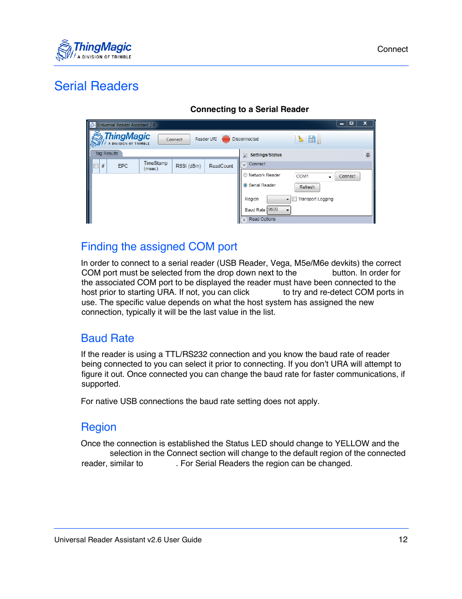 Serial readers, Finding the assigned com port, Baud rate | Region | ThingMagic Universal Reader Assistant 2.6 User Manual | Page 12 / 34