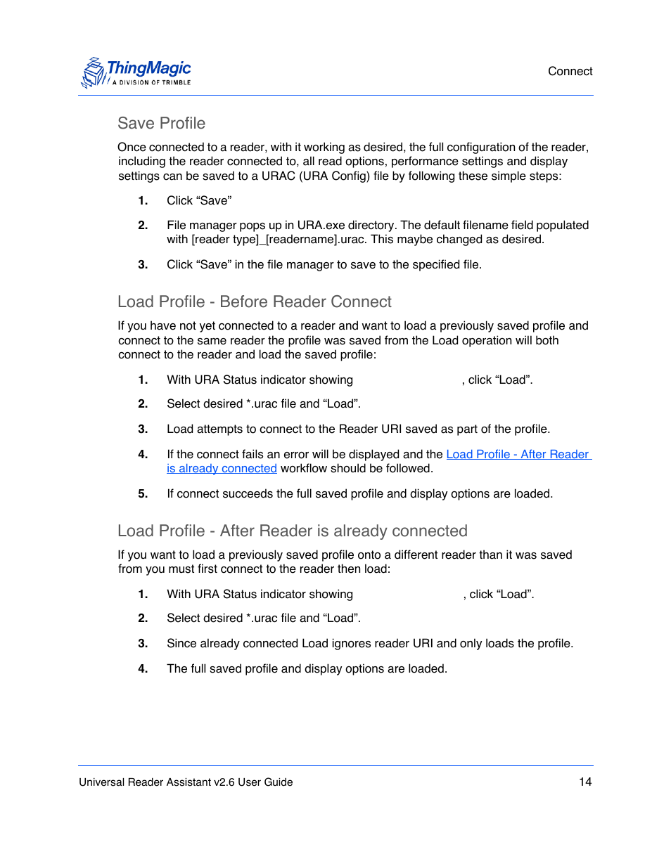 Save profile, Load profile - before reader connect, Load profile - after reader is already connected | ThingMagic Universal Reader Assistant 2.6 User Manual | Page 14 / 34