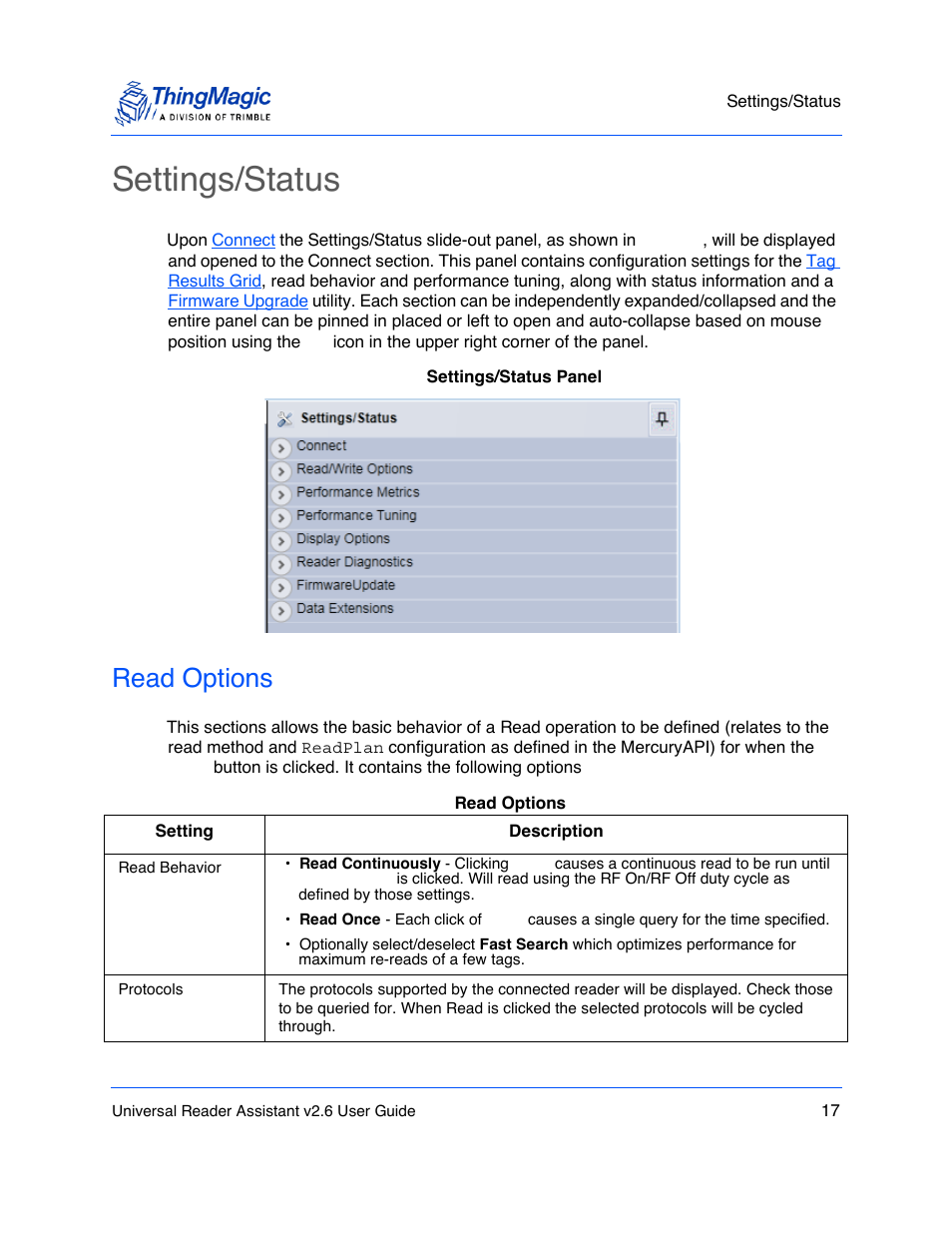 Settings/status, Read options, If tag | ThingMagic Universal Reader Assistant 2.6 User Manual | Page 17 / 34