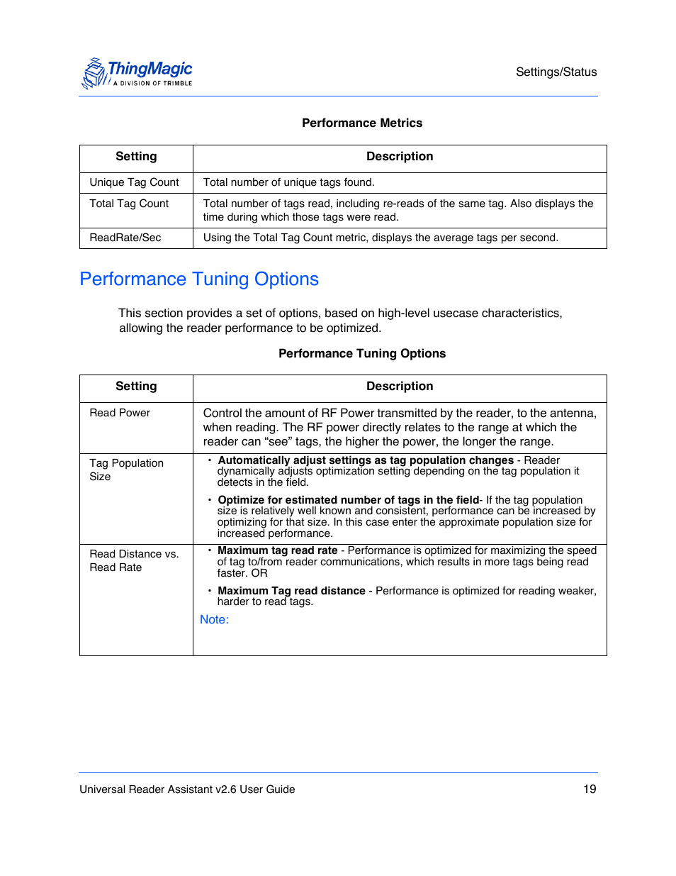 Performance tuning options | ThingMagic Universal Reader Assistant 2.6 User Manual | Page 19 / 34