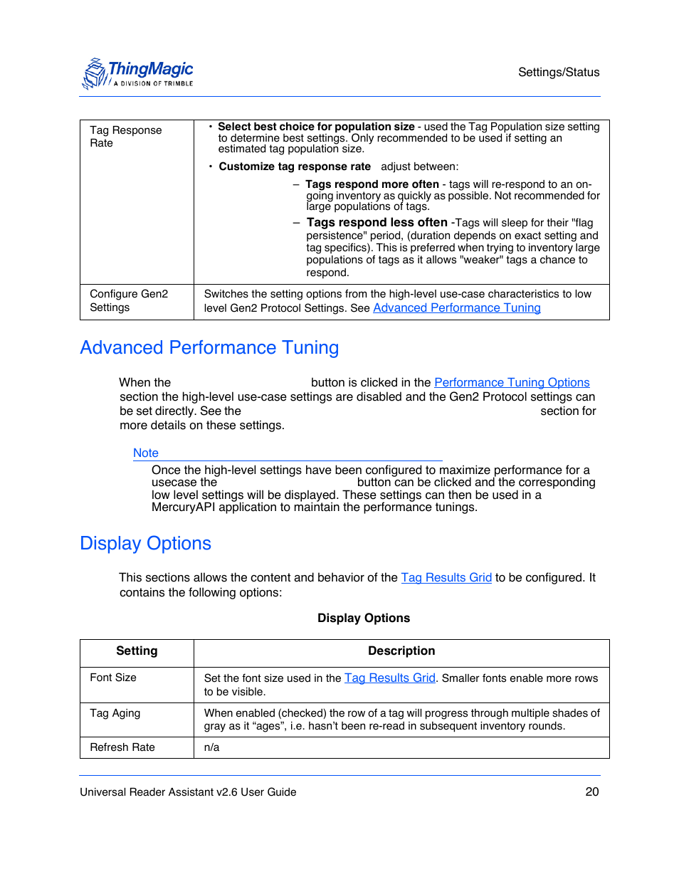 Advanced performance tuning, Display options, Display | Options | ThingMagic Universal Reader Assistant 2.6 User Manual | Page 20 / 34