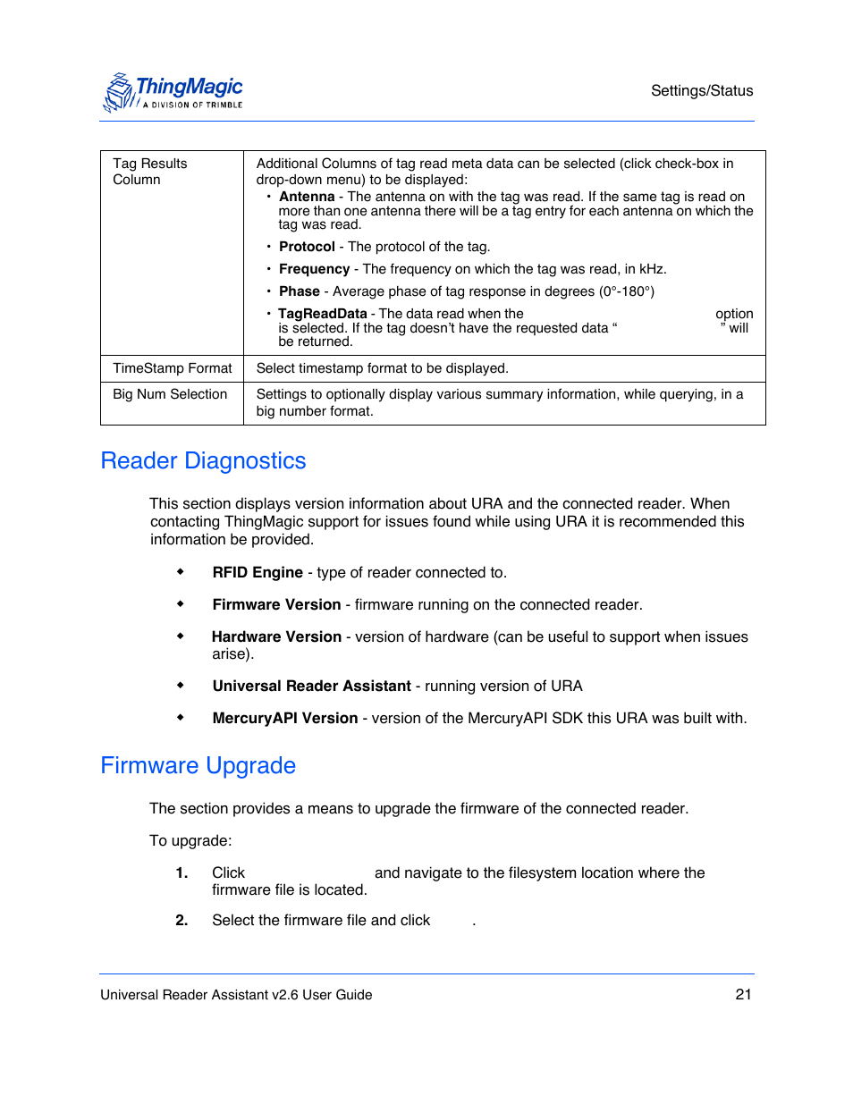 Reader diagnostics, Firmware upgrade | ThingMagic Universal Reader Assistant 2.6 User Manual | Page 21 / 34