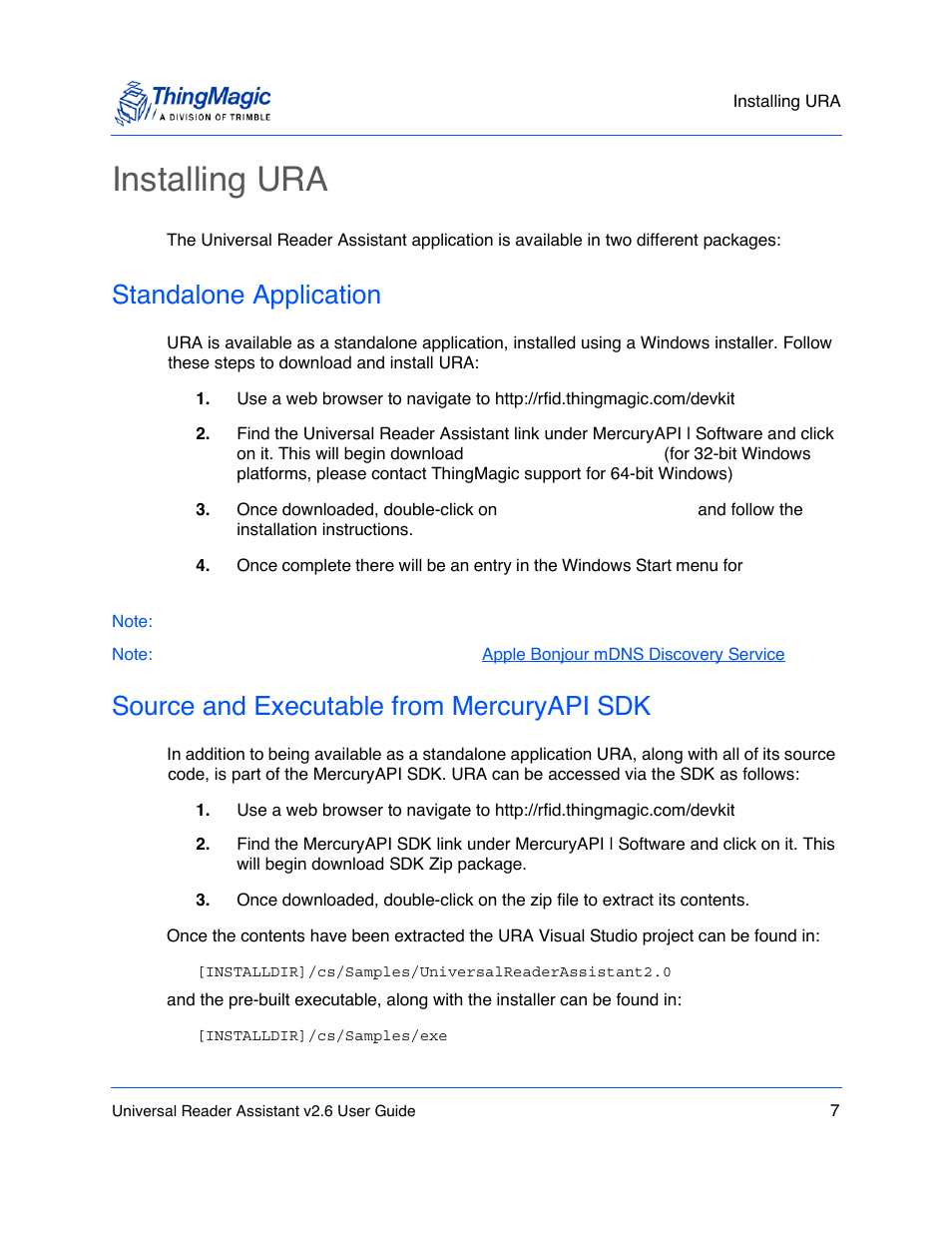 Installing ura, Standalone application, Source and executable from mercuryapi sdk | ThingMagic Universal Reader Assistant 2.6 User Manual | Page 7 / 34