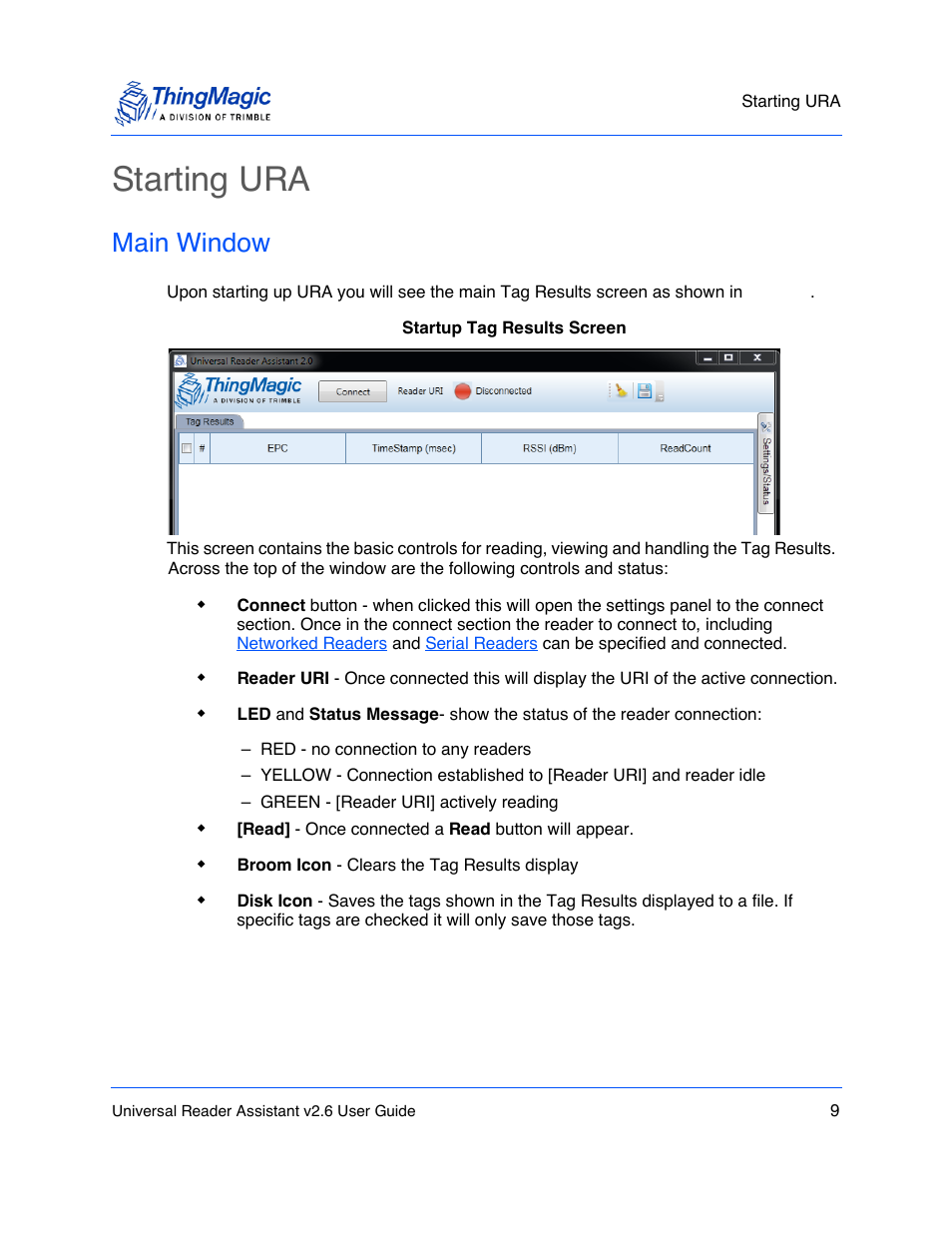 Starting ura, Main window | ThingMagic Universal Reader Assistant 2.6 User Manual | Page 9 / 34