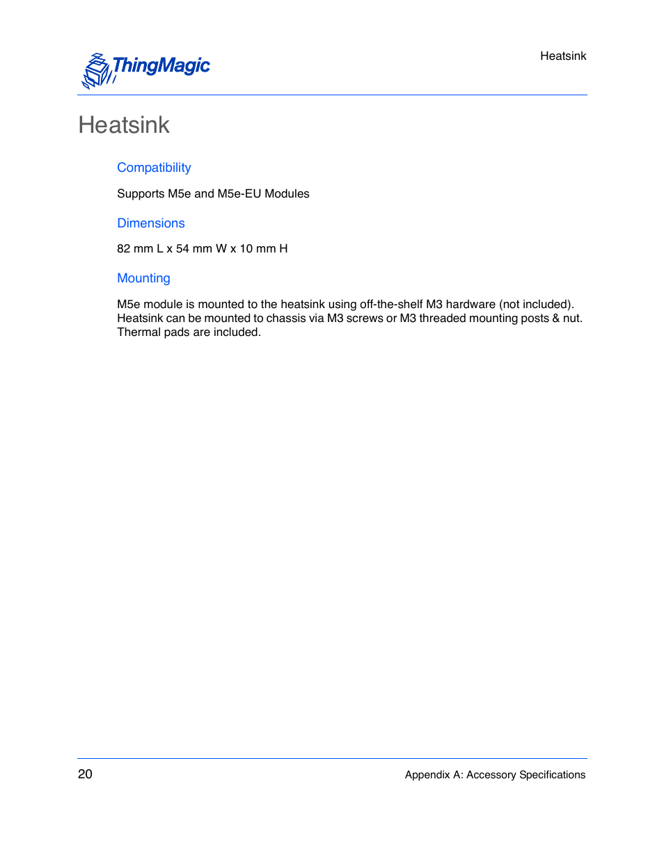 Heatsink, Compatibility, Dimensions | Mounting | ThingMagic M5e User Manual | Page 21 / 21