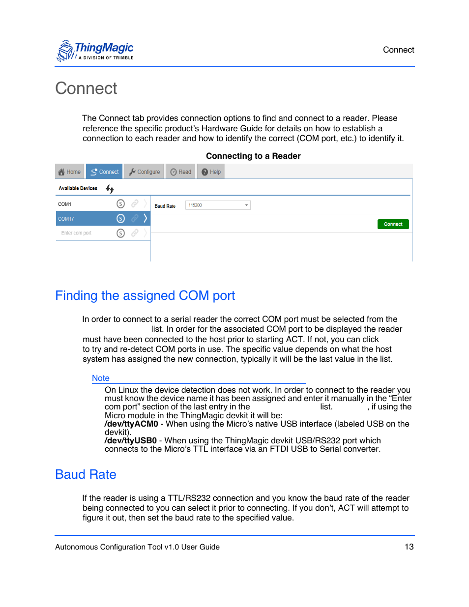 Connect, Finding the assigned com port, Baud rate | ThingMagic Autonomous Configuration Tool User Manual | Page 13 / 28