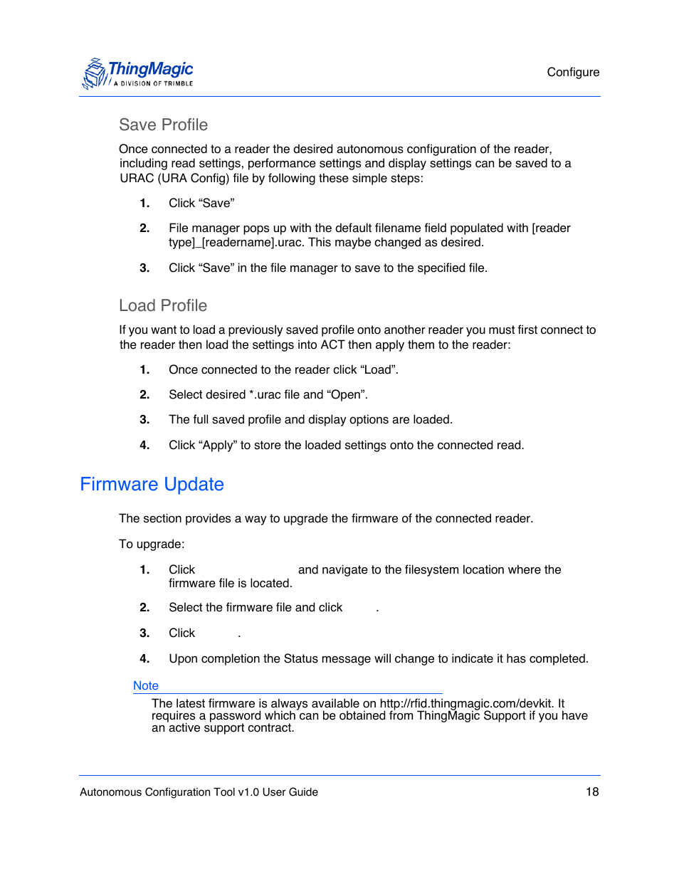 Firmware update, Save profile, Load profile | ThingMagic Autonomous Configuration Tool User Manual | Page 18 / 28