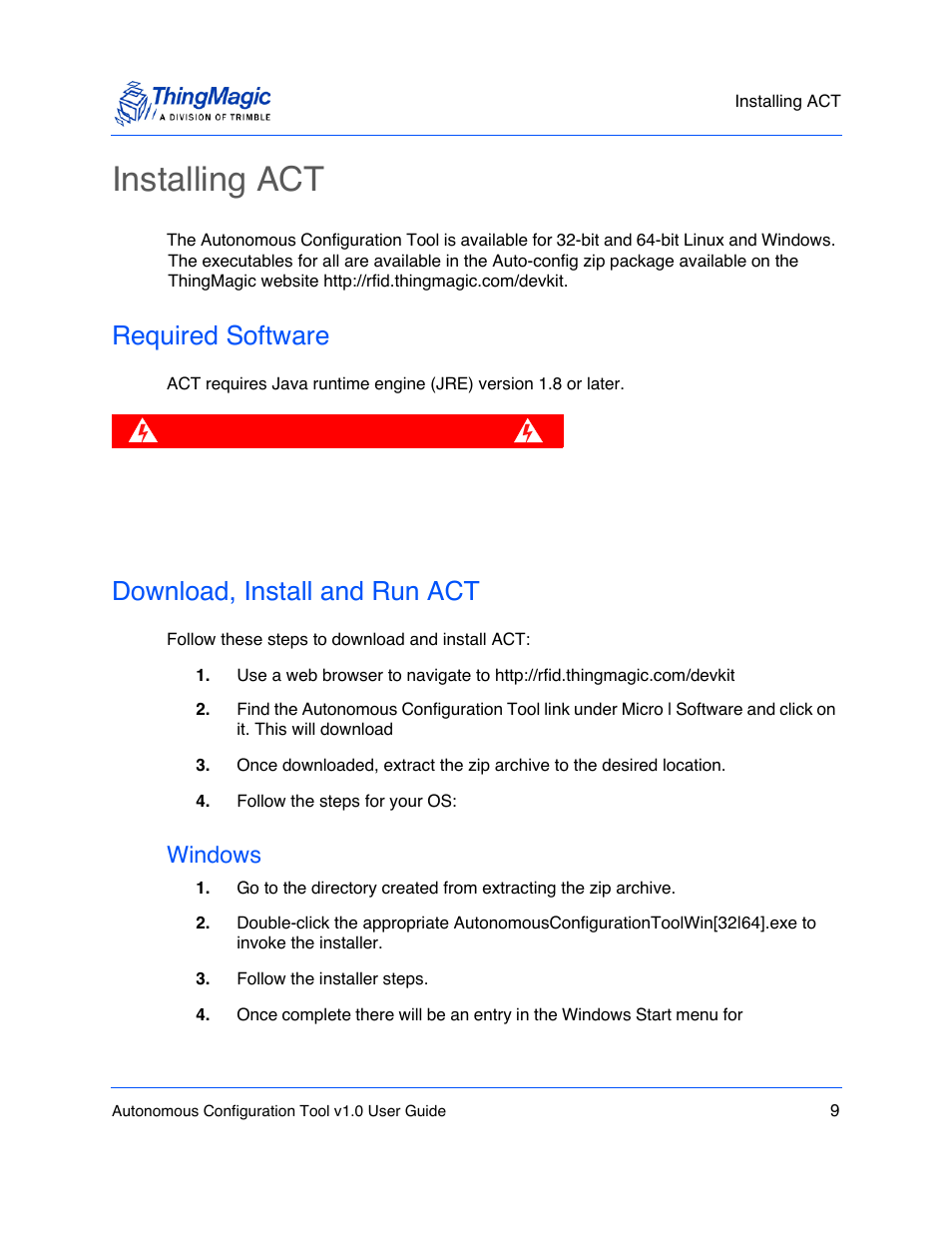 Installing act, Required software, Download, install and run act | Windows | ThingMagic Autonomous Configuration Tool User Manual | Page 9 / 28