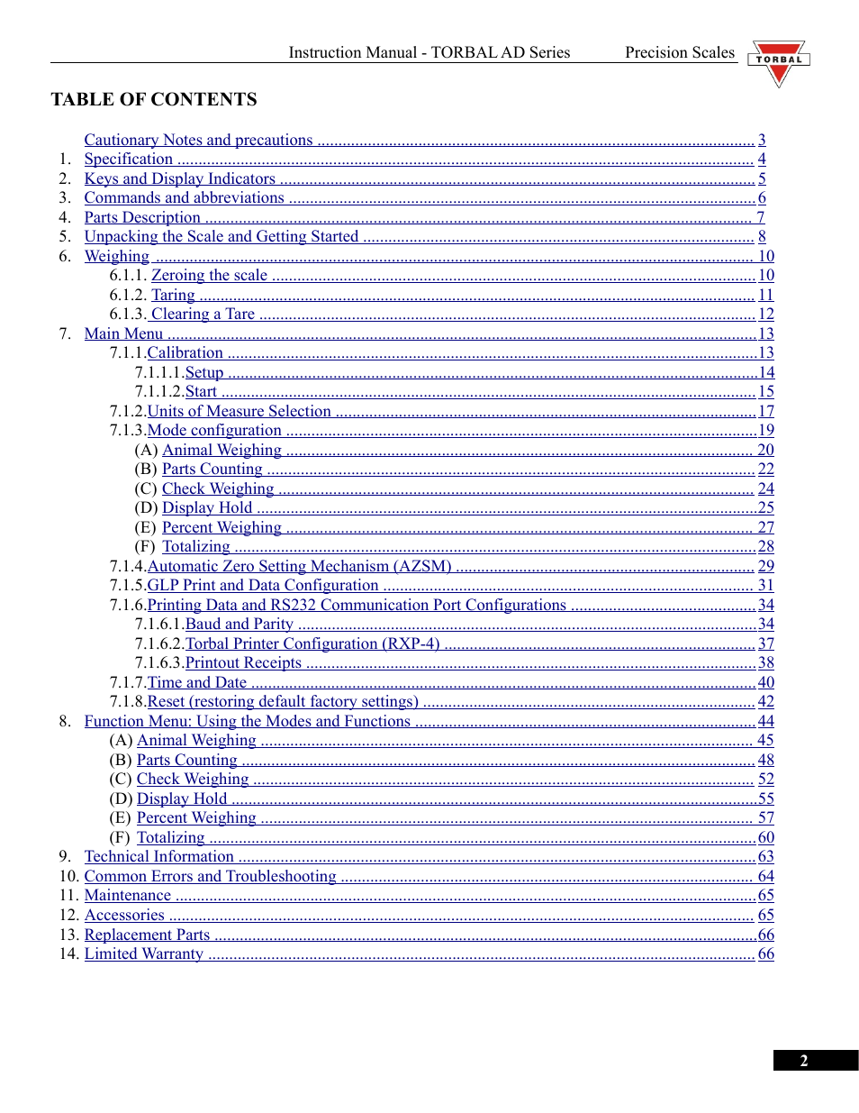 Torbal AD50 Series Manual User Manual | 67 pages