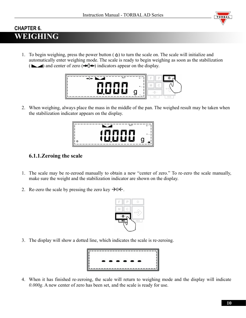 Weighing, Zeroing the scale | Torbal AD50 Series Manual User Manual | Page 10 / 67