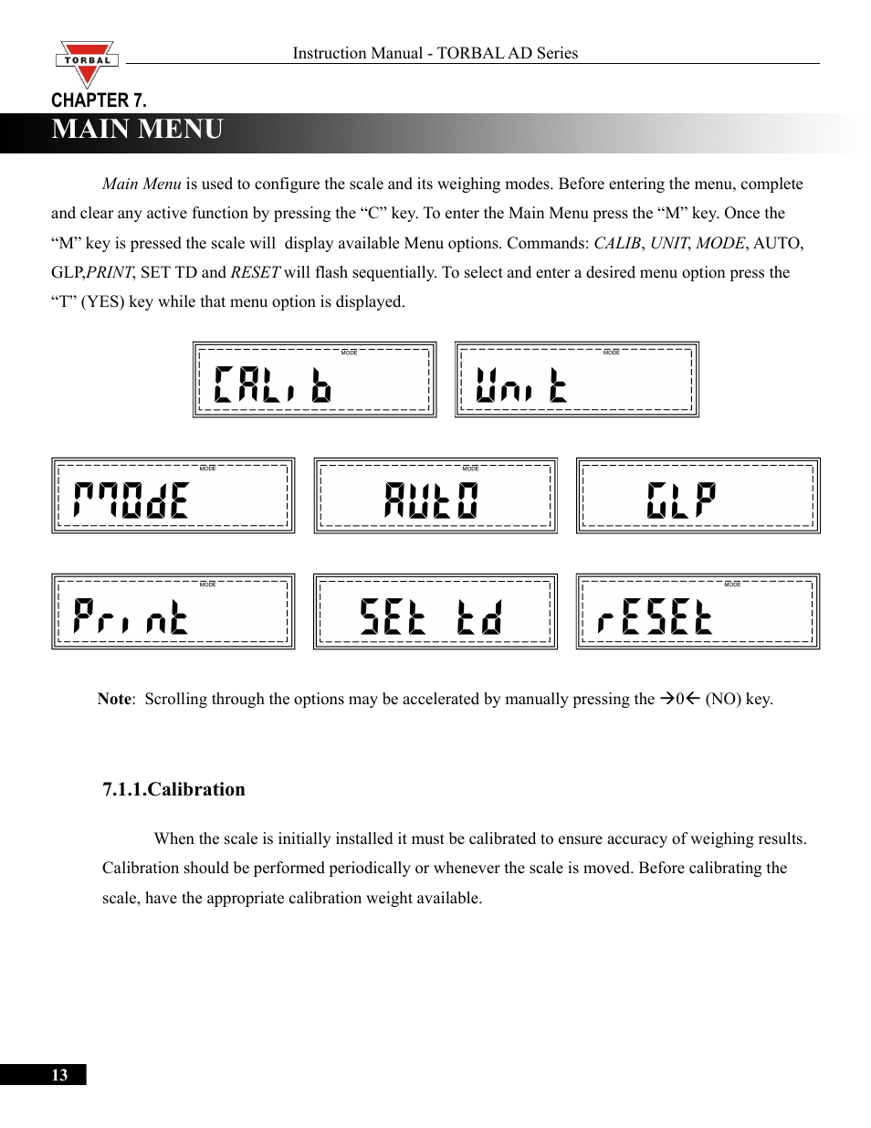Main menu, Calibration | Torbal AD50 Series Manual User Manual | Page 13 / 67