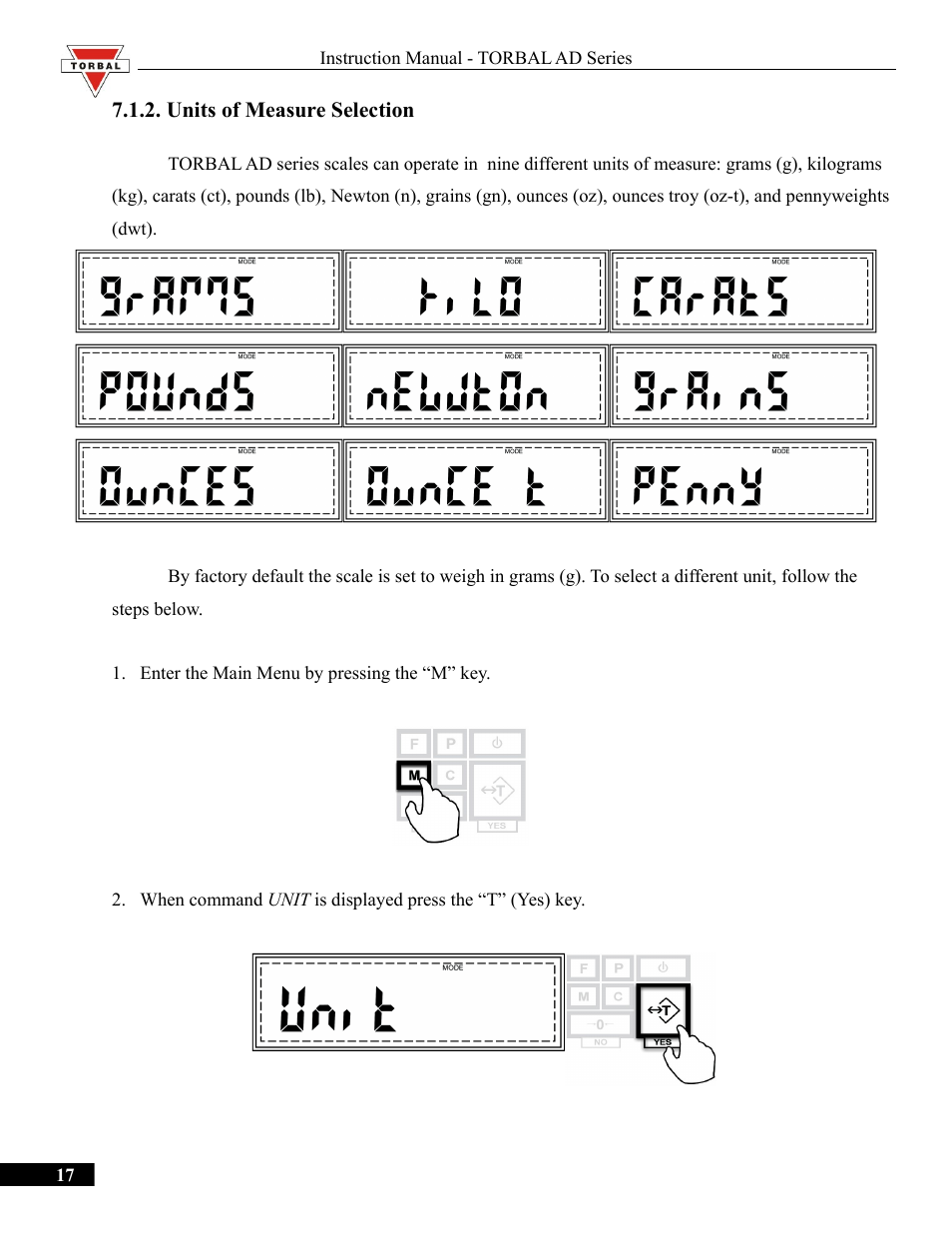 Units of measure selection | Torbal AD50 Series Manual User Manual | Page 17 / 67