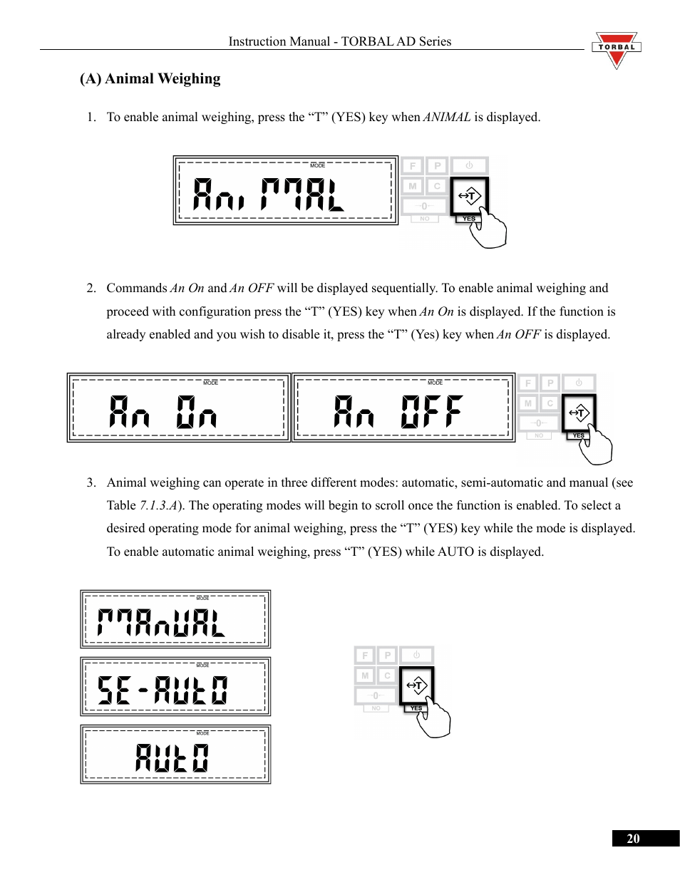 A) animal weighing, Animal weighing | Torbal AD50 Series Manual User Manual | Page 20 / 67