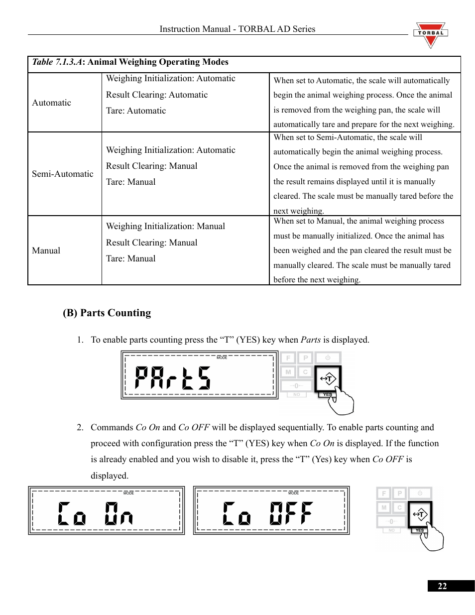 B) parts counting, Parts counting | Torbal AD50 Series Manual User Manual | Page 22 / 67