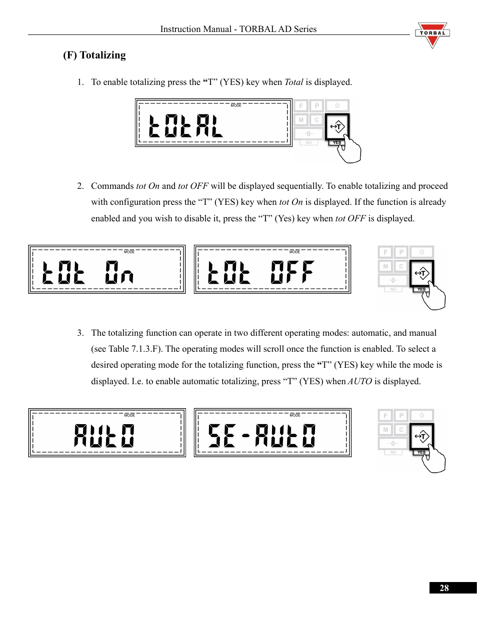 F) totalizing, Totalizing | Torbal AD50 Series Manual User Manual | Page 28 / 67