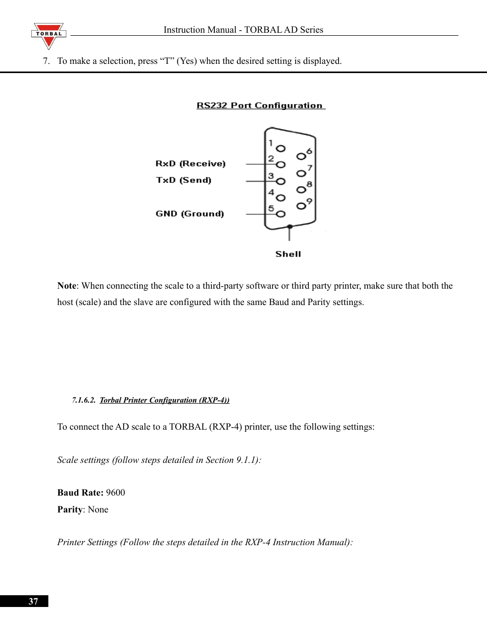 Torbal printer configuration (rxp-4)), Torbal printer configuration (rxp-4) | Torbal AD50 Series Manual User Manual | Page 37 / 67