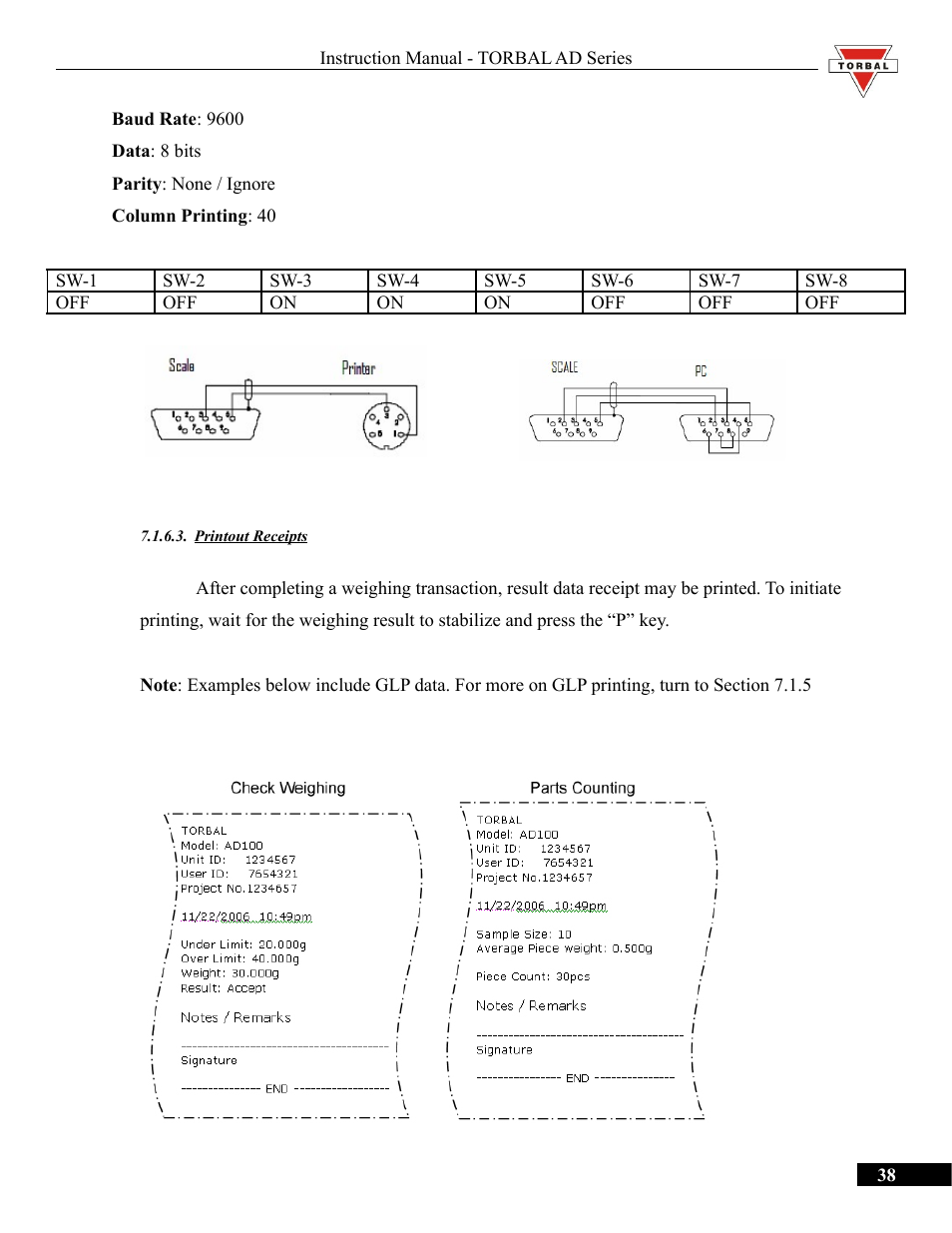 Printout receipts | Torbal AD50 Series Manual User Manual | Page 38 / 67