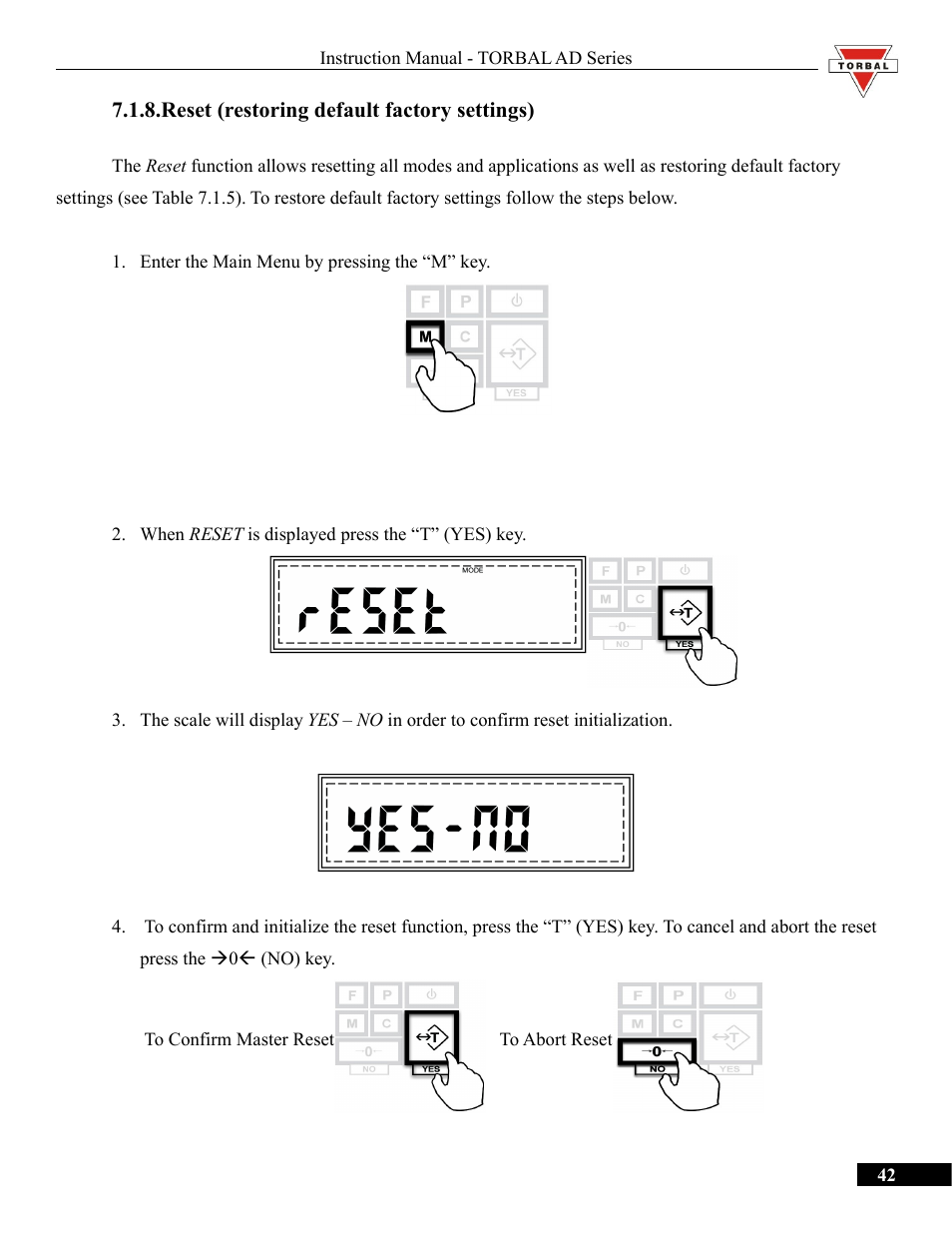 Reset (restoring default factory settings) | Torbal AD50 Series Manual User Manual | Page 42 / 67