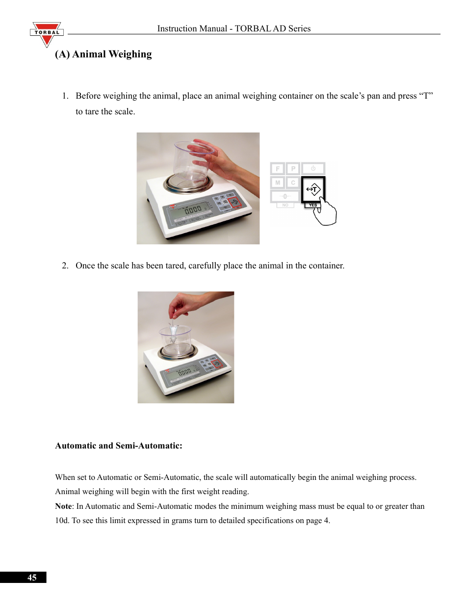 A) animal weighing, Animal weighing | Torbal AD50 Series Manual User Manual | Page 45 / 67