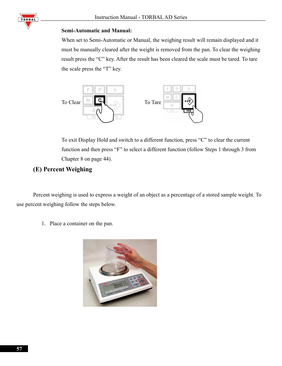 E) percent weighing, Percent weighing | Torbal AD50 Series Manual User Manual | Page 57 / 67