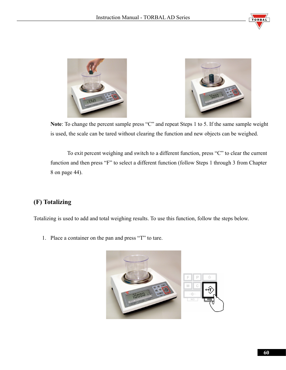 F) totalizing, Totalizing | Torbal AD50 Series Manual User Manual | Page 60 / 67